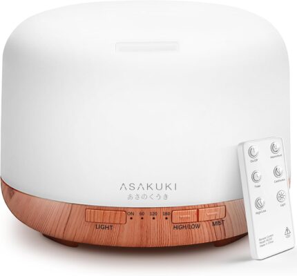ASAKUKI Oil Diffuser with Essential Oils Set, 500ml Aromatherapy Humidifier with 14 LED Colors & Auto Shut-Off - 6 Oil Gift for Mom (Lavender Eucalyptus Tea Tree Orange Peppermint Lemongrass)